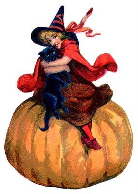 Vintage Halloween Image - Adorable Witch with Pumpkin - The Graphics Fairy