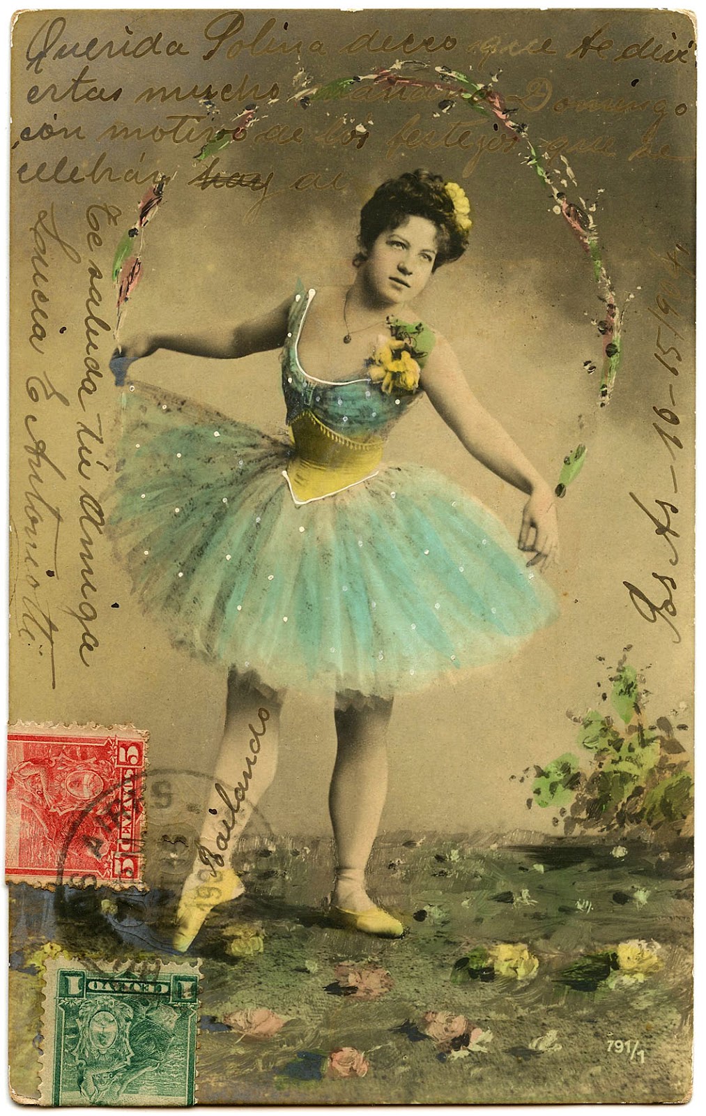 Old Photo - Pretty Ballerina with Aqua Tutu - The Graphics Fairy
