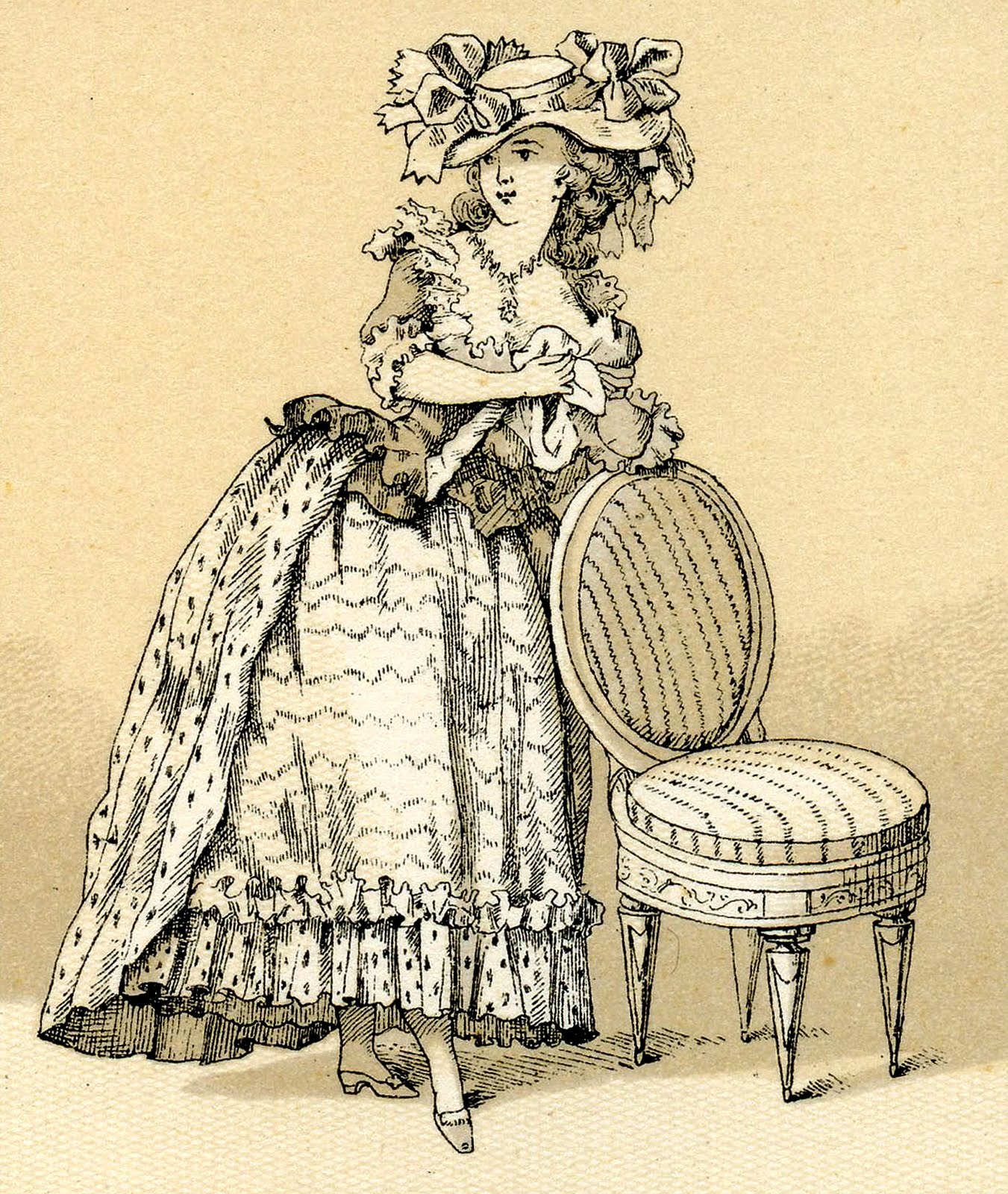Vintage French Clip Art Marie Antoinette Esque Lady With Chair The Graphics Fairy