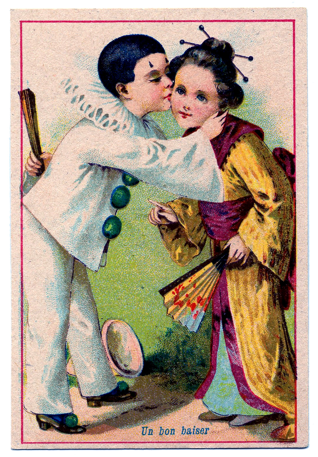 Vintage Clip Art Pierrot Clown Boy with Kimono Girl 