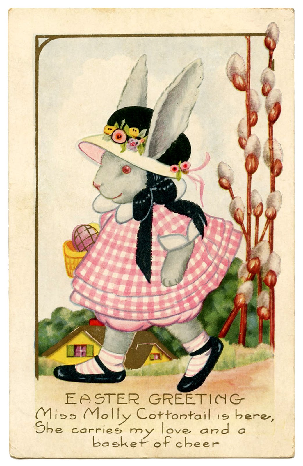Vintage Easter Graphic - Bunny Girl in Pink Gingham - The Graphics Fairy
