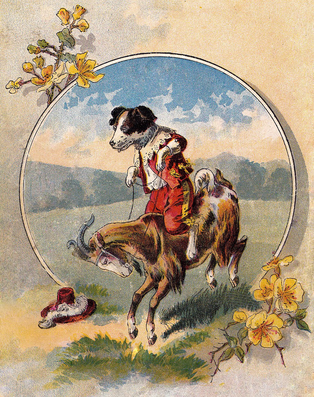 Vintage Image - Cute Dog rides Goat - The Graphics Fairy