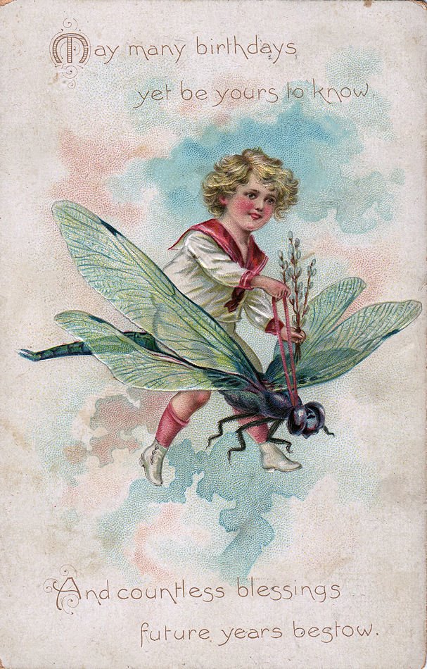 Free Vintage Clip Art - Boy Riding Dragonfly - The Graphics Fairy