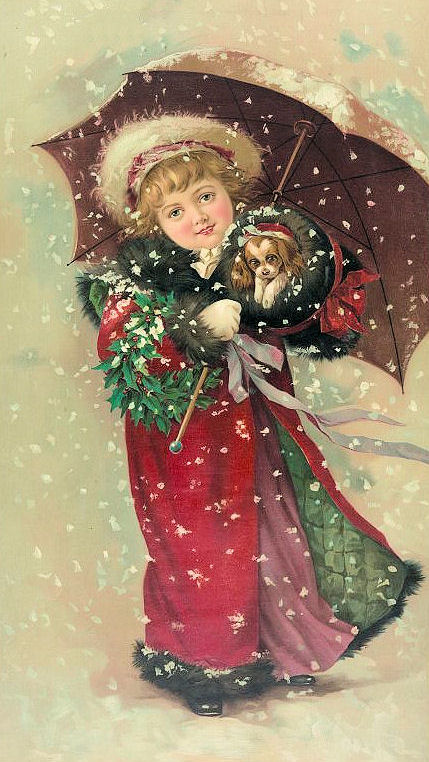 Free Vintage Clip Art - Christmas Girl w/ Puppy - The Graphics Fairy