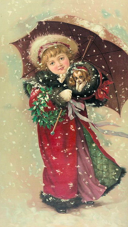 Free Vintage Clip Art - Christmas Girl w Puppy - The 