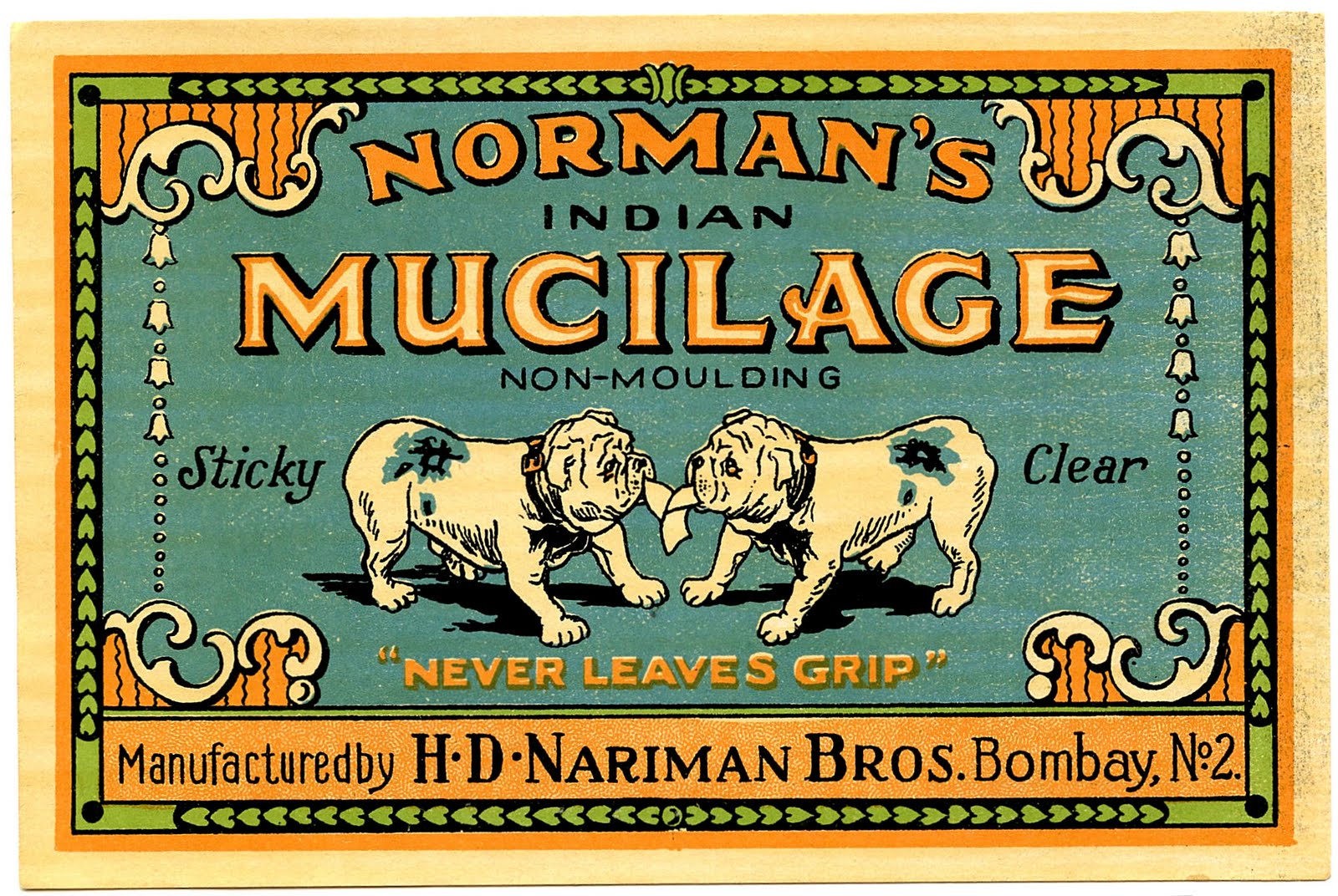 Norman's Indian Mucilage advertisement, bulldog strength glue