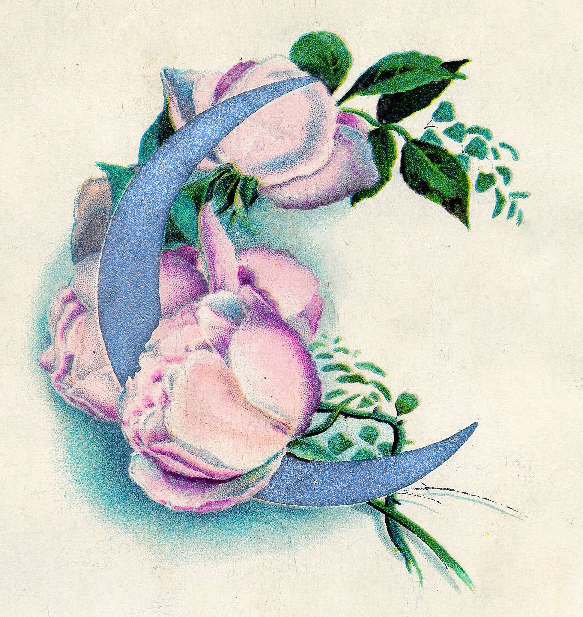 Vintage Clip Art - Pink Roses with Silvery Moon - The Graphics Fairy