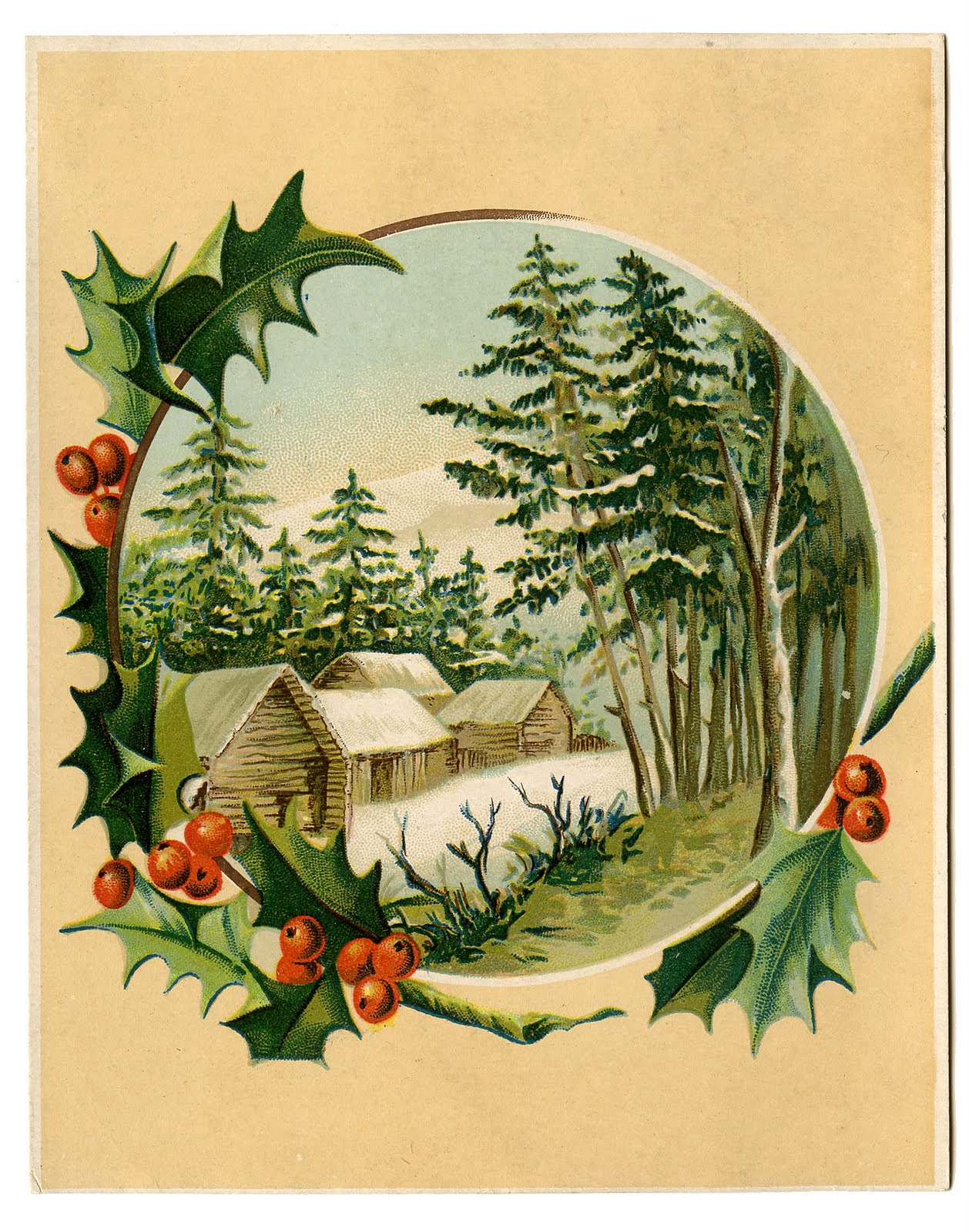 Vintage Christmas Clip Art - Winter Scene + Holly Frame ...